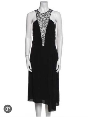 Nina Ricci Black Lace Inset Halter Midi Dress Open Back Draped Skirt Size 38 US6